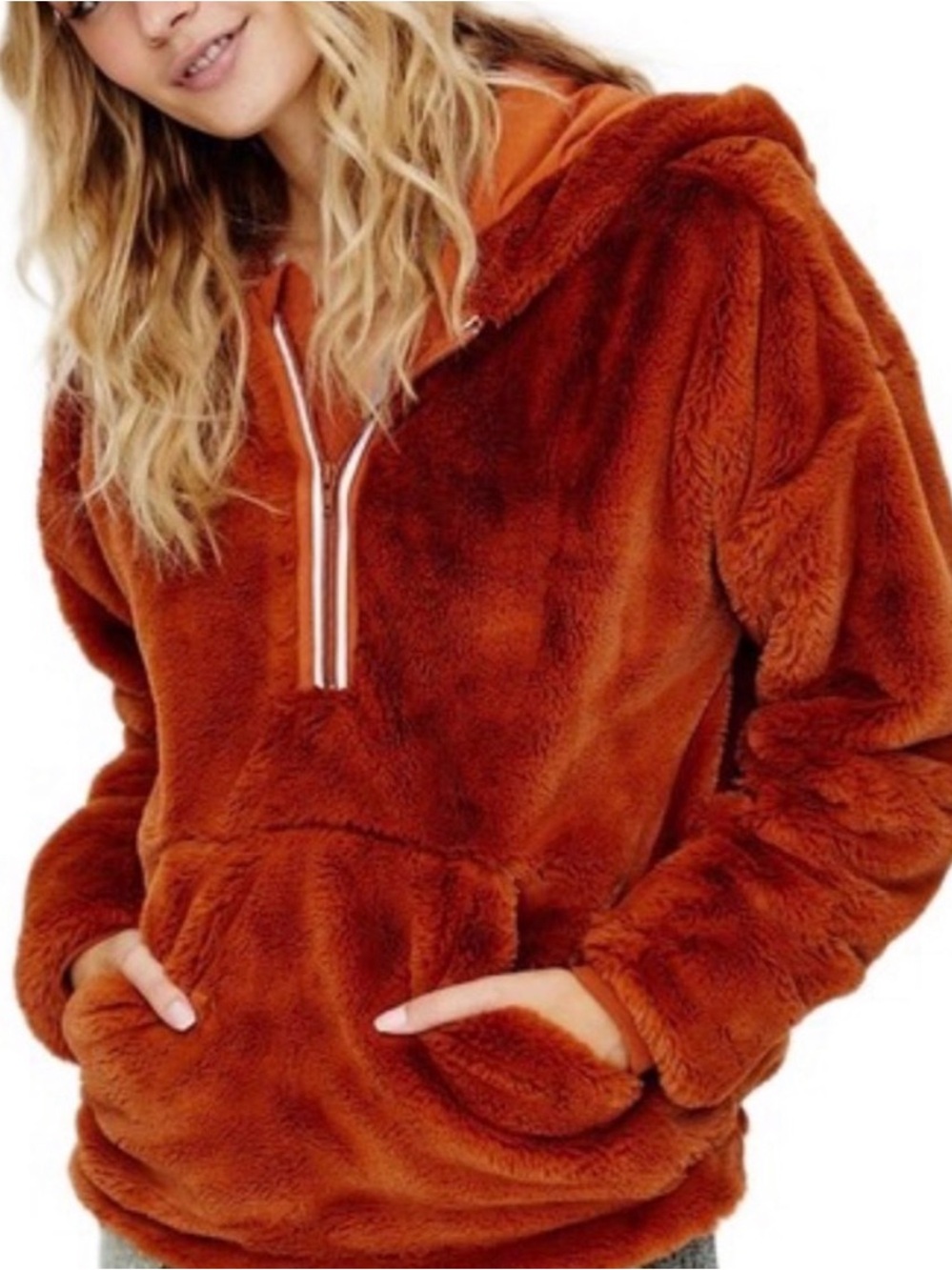 FP Movement Cozy Plush Half-Zip Faux Fur Hoodie in Rust